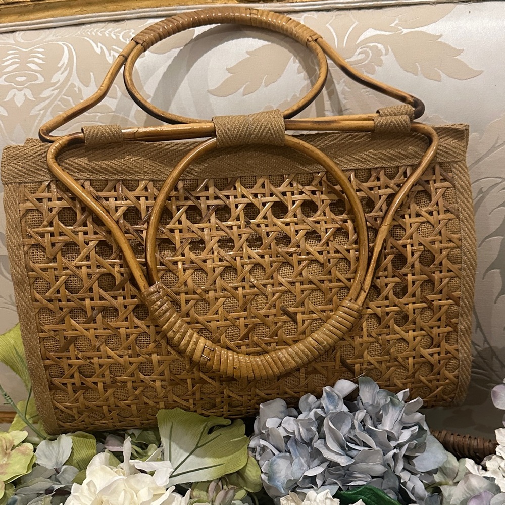 Vintage 1960’s wicker/ bamboo geometric design handbag, Contessa, made in Italy